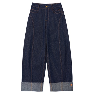 ALL BEINGS25AW秋季新款翻边靛蓝牛仔卷边款式阔腿弯刀裤女
