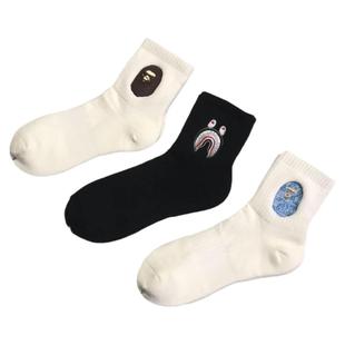 春秋冬男户外运动袜加厚猿人刺绣中高筒篮球袜毛巾底黑白袜子