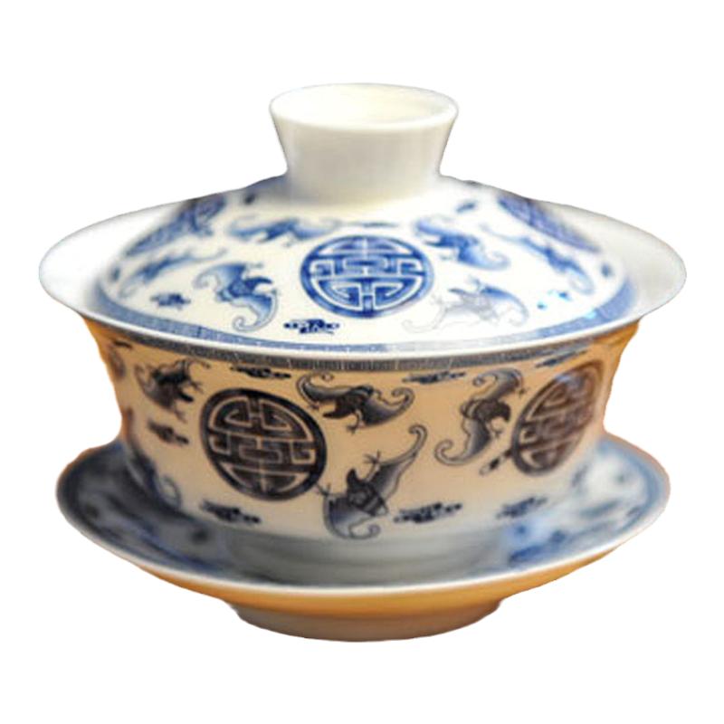 茶碗茶杯单个大号手抓壶功夫茶具五福临门景德镇青花瓷三才敬茶碗