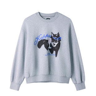 Kappa卡帕 灰色圆领猫咪印花厚卫衣女秋冬新款长袖套头衫休闲上衣