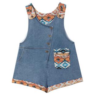 KEIKO 设计感斜襟背带牛仔裤春季艺术生穿搭提花拼接宽松连身短裤