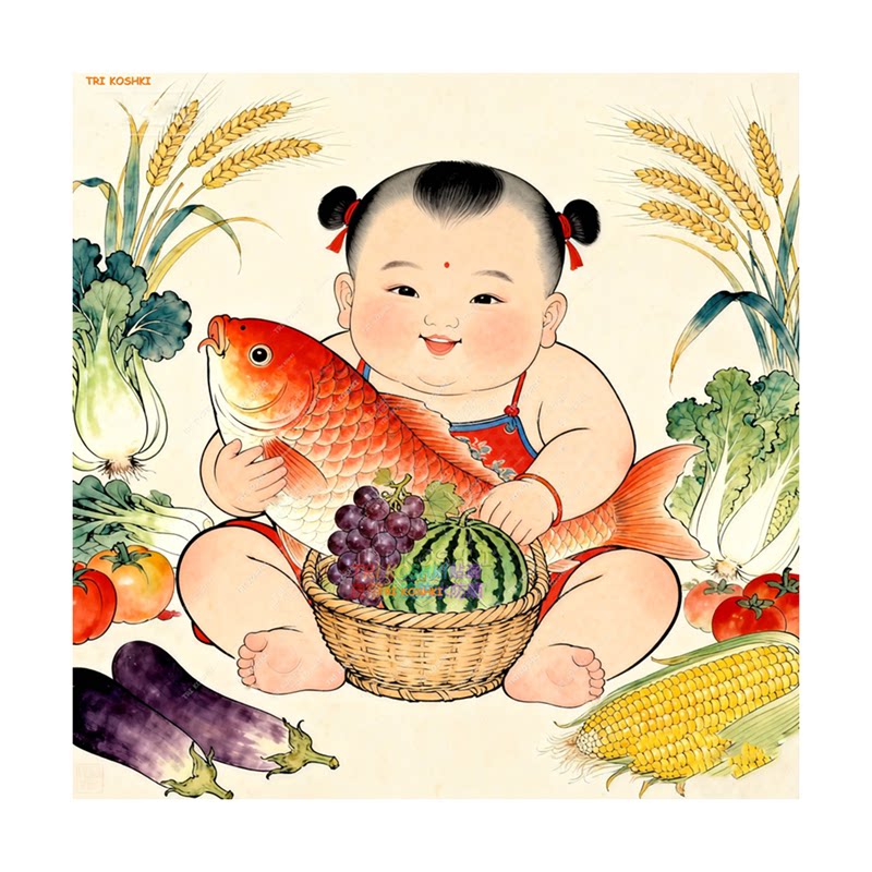 怀旧复古插画五谷丰登贴画抱着锦鲤的胖娃娃年画客厅房间装饰墙贴