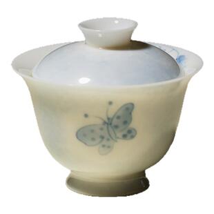 里作青花手绘蝴蝶二才盖碗景德镇釉下彩泡茶碗陶瓷茶具敬茶碗单个