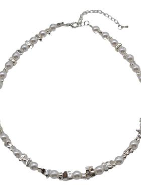 碎银子珍珠拼接项链女精致夸张小众设计感锁骨链同款银针耳环耳饰