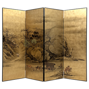宋代美学古画手绘山水金箔屏风隔断客厅酒店办公室茶室复古侘寂风