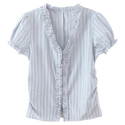 【清仓秒杀】夏韩系气质小个子小众设计感木耳边蓝色条纹短袖衬衫