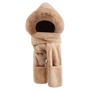 毛绒小熊连帽围巾手套三件套女冬季可爱一体防寒加厚保暖骑车帽子