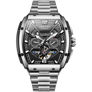 新款格拉图正品牌酒桶型镂空大表盘防水商务钢带手表男士机械表男