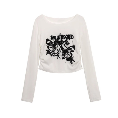 美式复古蝴蝶印花辣妹短款上衣女