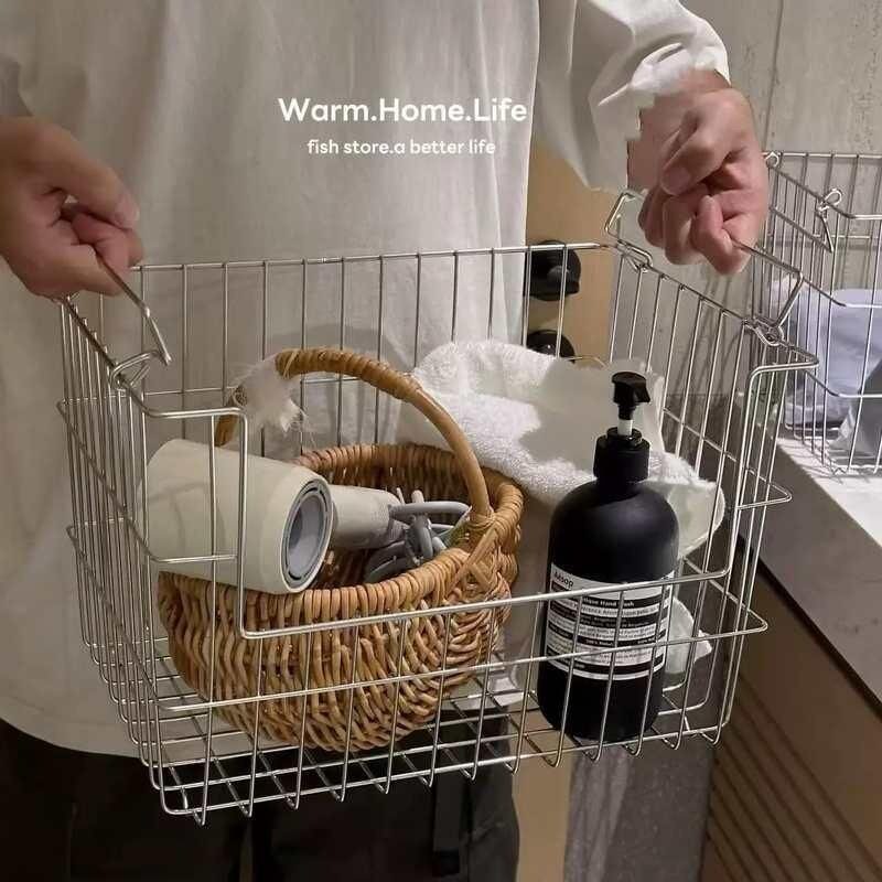 304不锈钢收纳筐大号厨房果蔬杂物收纳篮客厅零食整理储物架篮子