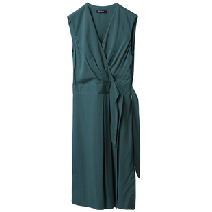 大码人造棉绸女夏季直筒收腰高端凡尔赛交叉v领褶皱连衣裙子绵绸