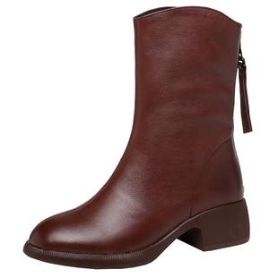 真皮全牛皮靴子中筒靴秋冬季2025新款冬季加绒女士骑士马丁靴大码