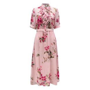 中式印花设计夏氛围感短袖立领舒适通勤花静谧真丝内搭吊背连衣裙