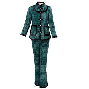 妈妈加绒套装中年妇女棉袄棉裤套装秋冬季中老年女装格子棉衣外套