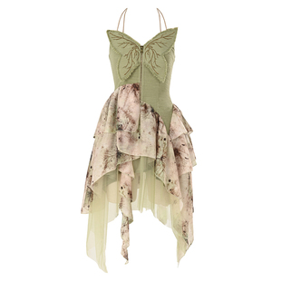 虚轨原创 丛林 森系流浪风立体蝴蝶刺绣不规则吊带少女显瘦连衣裙