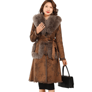 海宁兔皮毛一体女装大衣中长款皮衣狐狸毛领修身皮草保暖妈妈外套