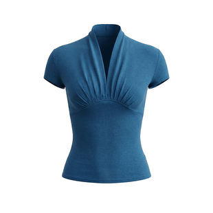 PynkiSwear 纯色窄V领褶皱修身短袖T恤女莱赛尔正肩弹力上衣