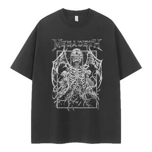Megadeth乐队复古美式街头小众设计感vtg落肩宽松摇滚短袖T恤衫