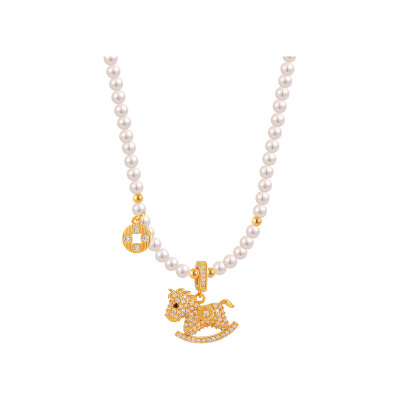 珍珠串珠金色满钻小马项链配饰