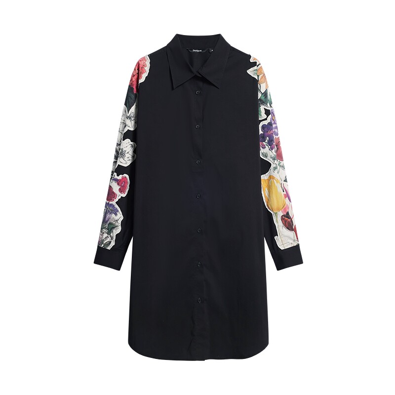 Desigual26秋冬新品黑色手绘花圃印花贴布绣装饰衬衫领连衣裙