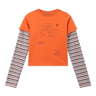 江南先生NewJNXS吸湿速干抑菌条纹拼接长袖T恤闪粉印花假两件上衣