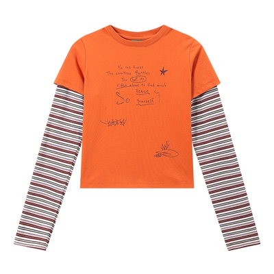 江南先生NewJNXS吸湿速干抑菌条纹拼接长袖T恤闪粉印花假两件上衣