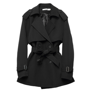 黑色设计感简约通勤收腰显瘦短款风衣2026秋冬款加绒小个子外套女