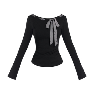 VOCK Miu系艺术生 法式复古千金黑灰波点系带修身长袖T恤打底上衣