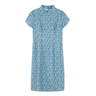 布符2025夏季蓝小荷绳绣旗袍女淡蓝花卉修身显瘦日常商务休闲