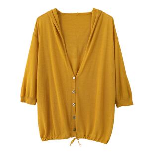 亚麻针织开衫女薄款夏季宽松大码外搭空调衫上衣连帽短款防晒衣潮