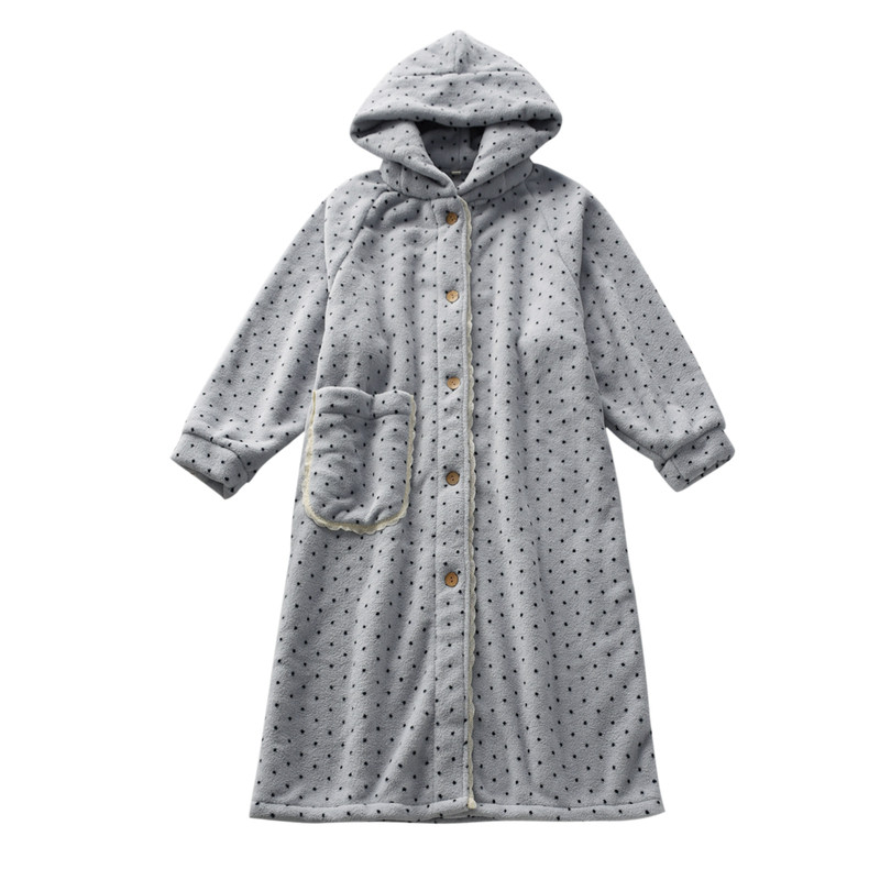 波点连帽睡袍女秋冬季加厚保暖法兰绒珊瑚绒可外穿家居服浴袍子