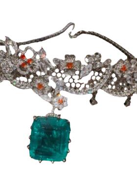 法设计感新款拉赫孔雀绿宝石项链苏富比镀18K金花朵锆石耳环百搭