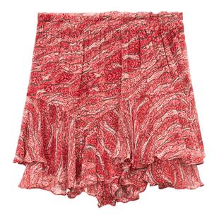 MARANT ETOILE2025 SORNEL法式红色荷叶边印花雪纺短裤女