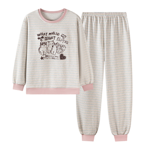 卡之恋睡衣女款长袖秋冬季纯棉加厚条纹粉色可爱猫卡通家居服春天