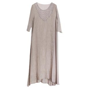 【兮风】高端纯麻拼真丝连衣裙纯色文艺不规则显瘦气质中长裙春夏