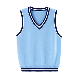 儿童马甲女童毛衣2025春秋浅蓝色纯棉坎肩学院风马夹男童针织背心