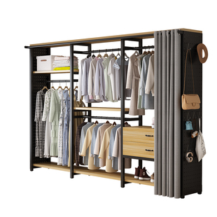 简易衣柜落地组装收纳衣橱家用卧室出租房拉帘钢木衣帽间架子