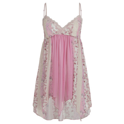 WEEKEEP 古早辣妹粉色印花蕾丝V领不规则吊带绑带收腰A摆显瘦背心