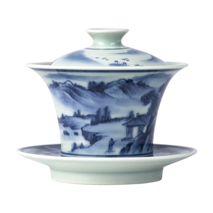 三勤堂山水手绘三才盖碗景德镇青花马蹄功夫茶泡茶碗茶具高档陶瓷