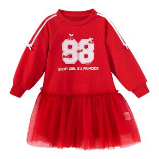 笛莎童装女童连衣裙春季新款小童女孩宝宝儿童卫衣裙子红色新年服