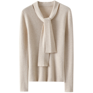 惊艳~开挂之作!飘带100%纯山羊绒衫女V领纯羊绒毛衣针织打底衫