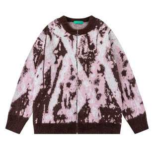 TLDX美式复古扎染色拉链开衫毛衣男女秋冬潮牌炸街宽松针织衫外套