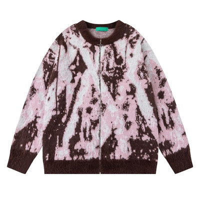 美式复古扎染色拉链开衫毛衣