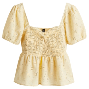 HM女装衬衫春季缩褶装饰裙摆泡泡袖方领上衣1301431