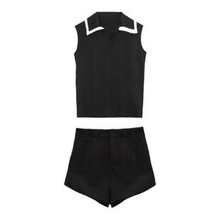 Cjxnh学院风套装 朴彩英私服同款polo马甲上衣背心短裤显瘦黑色