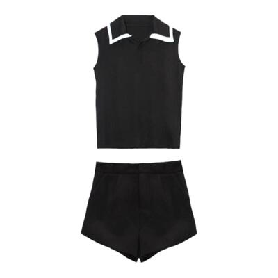 Cjxnh学院风套装 朴彩英私服同款polo马甲上衣背心短裤显瘦黑色