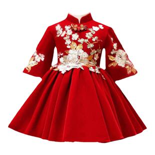 女宝宝周岁礼服洋气长袖公主裙主持人花童婚礼唐装红色拜年服秋冬