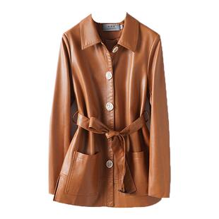 皮衣女常规中长款翻领系带收腰气质绵羊皮海宁春秋新款真皮女外套