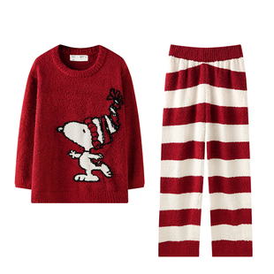 贝妍冬季圣诞情侣珊瑚绒睡衣史努比男女新婚红色保暖半边绒家居服
