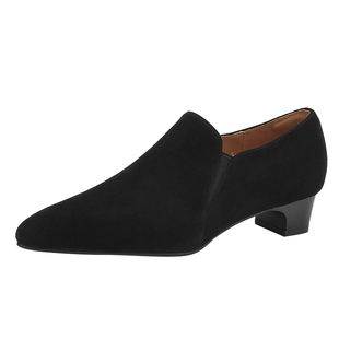 达芙妮羊皮深口单鞋女2026新款春季尖头女士皮鞋子黑色粗跟乐福鞋